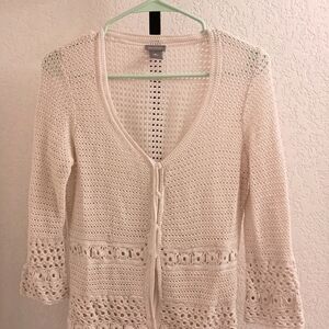 Ann Taylor Women's Cream Knit Crochet Cardigan Sweater Snap Buttons Medium